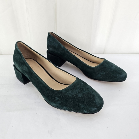 Trenery Green Suede Leather Low Block Heel Size 38 - Picture 1 of 11